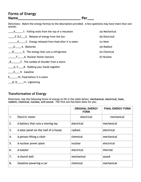 types of energy worksheet answer key